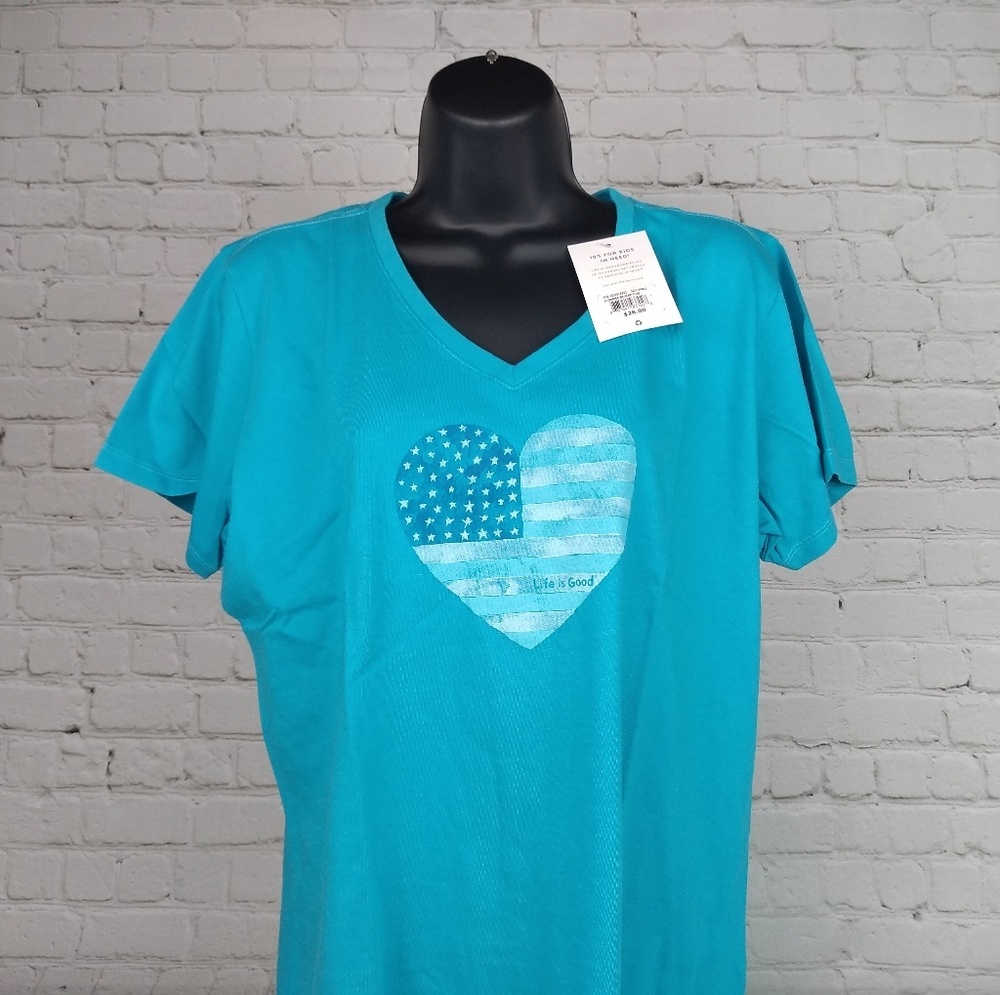 Life is Good Women's T shirt Heart and Flag